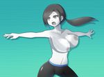  1girl artist_request black_hair bouncing_breasts breasts female large_breasts nipples open_mouth pale_skin ponytail simple_background solo super_smash_bros. topless white_skin wii_fit wii_fit_trainer 