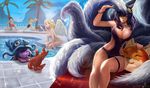  3girls ahri angel_wings bangs bikini blonde_hair blue_hair blue_swimsuit blurry breasts checkered checkered_floor closed_eyes commentary crab day depth_of_field english_commentary ezreal feathered_wings goomrrat grin kayle large_breasts league_of_legends long_hair looking_at_another looking_at_viewer lulu_(league_of_legends) midriff multiple_boys multiple_girls multiple_tails one-piece_swimsuit partially_submerged pool poolside purple_hair purple_skin ripples running short_hair shorts sitting slit_pupils smile swept_bangs swimsuit tail taric wading_pool water wavy_hair wet whisker_markings white_bikini white_wings wings yellow_eyes 