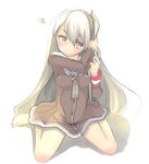  3: adjusting_hair alternate_hairstyle amatsukaze_(kantai_collection) asobinikitahito bare_legs breasts commentary_request dress hair_half_undone kantai_collection long_hair sailor_dress simple_background sitting small_breasts solo squiggle tying_hair wariza white_background white_hair yellow_eyes 