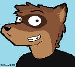  2015 avatar black_nose blue_background brown_eyes brown_fur brown_hair clothing fur hair male mammal ms_paint olicoon raccoon shirt simple_background smile solo 