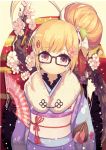  1girl ahoge alternate_costume alternate_hairstyle azur_lane bangs bespectacled black-framed_eyewear black_gloves blonde_hair closed_mouth commentary eldridge_(azur_lane) ema eyebrows_visible_through_hair facial_mark fan floral_print flower folding_fan frilled_sleeves frills fur_collar glasses gloves hair_bun hair_flower hair_ornament hands_up happy_new_year head_tilt highres holding holding_fan izumo_(user_cmcy2878) japanese_clothes kimono light_particles long_sleeves looking_at_viewer new_year obi pink_flower print_kimono purple_kimono red_eyes sash shadow sidelocks smile solo tassel tied_hair upper_body wide_sleeves 