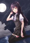  black_hair chaou character_request full_moon hand_in_hair highres long_hair looking_at_viewer moon night open_mouth reflection short_sleeves sitting skirt sky solo star_(sky) starry_sky thighhighs very_long_hair water yellow_eyes yue_zhi_chao zettai_ryouiki 