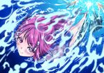  ahoge bubble diving highres i-168_(kantai_collection) kantai_collection long_hair looking_at_viewer ponytail red_eyes red_hair sailor_collar school_swimsuit school_uniform serafuku solo swimsuit swimsuit_under_clothes tsukineko underwater water 