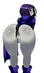  1girl anus ass bare_legs cape dc_comics english eric_lowery from_behind grey_skin legs leotard looking_back pussy raven_(dc) short_hair simple_background solo teen_titans 