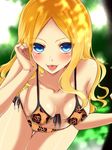  ansatsu_kyoushitsu ass_visible_through_thighs bad_id bad_pixiv_id bent_over bikini blonde_hair blue_eyes breasts floral_print front-tie_top hand_on_own_cheek hanging_breasts hi-ma irina_jelavic legs long_hair looking_at_viewer medium_breasts naughty_face side-tie_bottom solo swimsuit thigh_gap tongue tongue_out 
