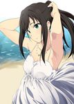  adjusting_hair armpits arms_up beach black_hair breasts cleavage dress earrings green_eyes highres idolmaster idolmaster_cinderella_girls jewelry jpeg_artifacts long_hair necklace ocean ponytail shibuya_rin small_breasts smile solo sundress sweat white_dress yoshiki360 