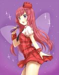  artist_name cowboy_shot highres houjou_sophie long_hair microphone music open_mouth plaid plaid_hat plaid_shirt plaid_skirt pretty_(series) pripara purple_background purple_eyes red_hair sa_ioio shirt singing sketch skirt smile solo twitter_username wrist_cuffs 