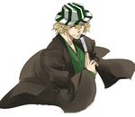  avvo_(ekireikirei) bleach blonde_hair facial_hair fan hat looking_at_viewer male_focus smile solo urahara_kisuke 