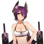  bad_id bad_pixiv_id bare_shoulders bikini breasts cleavage contrapposto eyepatch furrowed_eyebrows headgear hi-inu highres kantai_collection large_breasts looking_at_viewer machinery purple_hair short_hair simple_background solo standing swimsuit tenryuu_(kantai_collection) upper_body white_background white_bikini yellow_eyes 