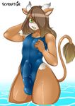  blush bovine brown_fur cattle clothed clothing crossdressing fur girly green_eyes hair harley(moo) horn long_hair looking_at_viewer male mammal nipples open_mouth skyraptor solo standing swimsuit thick_thighs tight_clothing voluptuous water wide_hips 