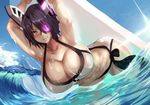  armpits arms_up bent_over blush breasts cleavage eyepatch hews_hack huge_breasts kantai_collection purple_hair sharp_teeth solo swimsuit teeth tenryuu_(kantai_collection) tidal_wave water yellow_eyes 