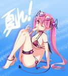  apyuto_(shironeko_project) bikini black_hair blue_background breasts demon_tail eyewear_on_head food glasses hair_ribbon kawagoe_pochi large_breasts leg_garter long_hair looking_at_viewer mouth_hold one_eye_closed pink_eyes pink_hair pointy_ears popsicle ribbon shironeko_project solo swimsuit tail twintails 