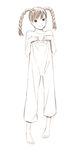  barefoot braid monochrome original oversized_clothes pants sketch solo traditional_media twin_braids yoshitomi_akihito 