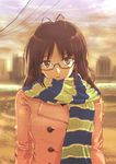  akizuki_ritsuko antenna_hair brown_eyes brown_hair glasses haru_(primavera) highres idolmaster idolmaster_(classic) idolmaster_2 looking_at_viewer scarf short_hair solo 