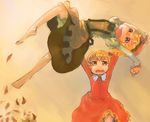  aki_minoriko aki_shizuha barefoot blonde_hair carrying feet leaf lift multiple_girls short_hair siblings sisters touhou yst 