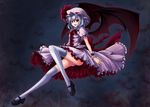  bat bat_wings blue_hair fangs hat highres legs looking_at_viewer mary_janes open_mouth panties red_eyes remilia_scarlet shoes short_hair smile solo thighhighs touhou underwear utakata_(kochou_no_yume) wings wrist_cuffs 