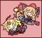  blonde_hair blush bow chain chibi cuffs fang hair_bow horn horn_ribbon horns hoshiguma_yuugi ibuki_suika long_hair multiple_girls orange_hair ribbon shackles touhou yanagi_(nurikoboshi) |_| 