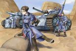  3girls alicia_melchiott binoculars boots caterpillar_tracks crossed_legs edelweiss_(senjou_no_valkyria) eleanor_varrot glasses ground_vehicle isara_gunther lance largo_potter military military_uniform military_vehicle morisu motor_vehicle multiple_boys multiple_girls polearm sandbag senjou_no_valkyria senjou_no_valkyria_1 shamrock_(senjou_no_valkyria) sitting tank uniform weapon welkin_gunther zaka 