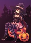  e20 glasses green_eyes halloween hat houzumi_kaede jack-o'-lantern original pumpkin skirt solo striped striped_legwear thighhighs witch_hat 