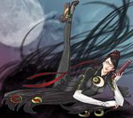  bayonetta bayonetta_(character) black_hair bodysuit cleavage_cutout glasses gun heels high_heels long_hair marow red_ribbon ribbon shoes very_long_hair weapon 