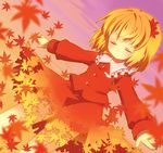  aki_shizuha autumn_leaves bangs blonde_hair buttons chaba_(hortensia) closed_eyes closed_mouth collared_shirt dissolving_clothes fingernails frilled_shirt_collar frills gradient_skirt hair_ornament leaf leaf_hair_ornament long_sleeves maple_leaf outstretched_arms puffy_long_sleeves puffy_sleeves red_shirt shirt short_hair skirt solo touhou white_collar 