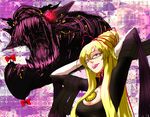  arms_up avavago_(parody) bayonetta bayonetta_(character) bayonetta_(character)_(cosplay) bespectacled blonde_hair bow breasts candy cleavage cosplay dragon food formal gap glasses gomorrah_(bayonetta) large_breasts lollipop long_hair ponytail ribbon soubi tongue touhou witch yakumo_yukari 