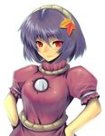  hair_ornament hands_on_hips jonylaser leaf_hair_ornament purple_hair red_eyes short_hair solo touhou yasaka_kanako 