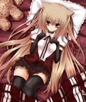  animal_ears bad_id bad_pixiv_id bed brown_hair cat_ears choker frilled_pillow frills long_hair original pillow plaid plaid_skirt red_eyes sato_toshiya skirt solo stuffed_animal stuffed_toy teddy_bear thighhighs very_long_hair zettai_ryouiki 