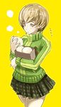  atlus brown_eyes brown_hair butcha-u eroquis food jacket lowres miniskirt persona persona_4 satonaka_chie short_hair skirt 