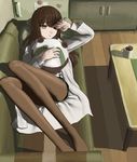  blue_eyes brown_hair coffee couch cup highres labcoat legs legwear_under_shorts long_hair lying makise_kurisu md5_mismatch mocha_(snowflake) morning mug on_back pantyhose ringed_eyes shorts sleepy solo steins;gate stuffed_animal stuffed_toy wince 