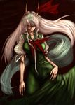  artist_request dark dress evil ex-keine green_hair hand_on_hip hands horns kamishirasawa_keine long_hair multicolored_hair ribbon short_sleeves smile smirk solo tail touhou white_hair 