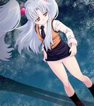  blue_hair ebi_tendon hoshino_ruri kidou_senkan_nadesico legs long_hair necktie panties pencil_skirt skirt skirt_lift socks solo sweater_vest twintails underwear 