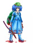 backpack bag blood blue_eyes blue_hair crazy five-seven hair_bobbles hair_ornament hat hedge_trimmer kawashiro_nitori key short_hair solo touhou twintails two_side_up wrench 