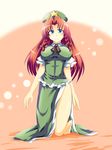  bad_id bad_pixiv_id barefoot blue_eyes braid breasts china_dress chinese_clothes dress hands hat highres hong_meiling large_breasts long_hair red_hair smile solo touhou twin_braids wedge 