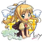  air artist_request blonde_hair blue_eyes chibi fang kamio_misuzu long_hair necktie open_mouth ponytail ribbon ribbons smile tie wings 