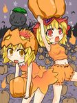  aki_minoriko aki_shizuha blonde_hair chen chen_(cat) hair_ornament halloween hat leaf_hair_ornament mokuyou multiple_girls object_on_head orange_skirt pumpkin pumpkin_hat siblings sisters skirt touhou 