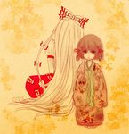  back blush_stickers brown_hair bug butterfly chiri_(o9o9) flower fujiwara_no_mokou hair_ribbon hieda_no_akyuu insect japanese_clothes long_hair lowres multiple_girls red_eyes ribbon rose sad short_hair silver_hair sitting touhou 