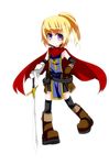  blonde_hair cape character_request copyright_request noirly ponytail purple_eyes solo sword weapon 