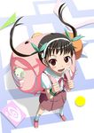  backpack bag bakemonogatari black_hair blush fang from_above hachikuji_mayoi hair_ribbon hairband long_hair looking_up monogatari_(series) red_eyes ribbon school_uniform shirosame skirt socks solo twintails 