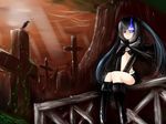  bikini_top black_hair black_rock_shooter black_rock_shooter_(character) blue_eyes boots burning_eye long_hair noirly solo twintails 