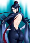  ass back backless_outfit bad_id bad_pixiv_id bare_back bayonetta bayonetta_(character) black_hair bodysuit breasts earrings elbow_gloves from_behind glasses gloves hands_on_hips jewelry large_breasts lipstick looking_back makeup mole mole_under_mouth skin_tight solo strap takasugi_kou 