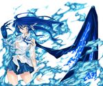  blue_eyes blue_hair dragon_girl fire ichiyuu long_hair monster_girl original skirt solo torn_clothes wings 