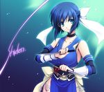  aqua_eyes blue_hair breasts choker detached_sleeves dual_wielding holding kaguyama_azami knife large_breasts mashimaro ninja reverse_grip shiden_enkan_no_kizuna short_hair 