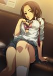  adamon bad_id bad_pixiv_id bra breasts brown_eyes brown_hair cleavage come_hither large_breasts legs lingerie open_clothes open_shirt original school_uniform shirt sitting skirt socks solo unbuttoned underwear undressing 