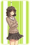  amagami black_hair crossed_arms grey_skirt grin kibito_high_school_uniform long_sleeves messy_hair pleated_skirt school_uniform short_hair skirt smile solo sweater tamago_(yotsumi_works) tanamachi_kaoru 