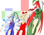  bad_id bad_pixiv_id blonde_hair blue_eyes blue_hair bow braid china_dress chinese_clothes cirno dress fighting_stance flandre_scarlet hair_bow hat hong_meiling long_hair multiple_girls niwatazumi one_side_up ponytail red_eyes red_hair short_hair touhou twin_braids wings 