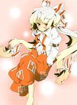  bad_id bad_pixiv_id barefoot blush bow fujiwara_no_mokou hair_bow hair_ribbon hands_in_pockets long_hair oguro_(moyashi_2-hon) red_eyes ribbon silver_hair solo suspenders touhou 