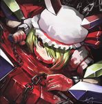  blonde_hair blood chain flandre_scarlet gua hat horror_(theme) red_eyes short_hair solo touhou wings 
