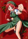  :d bad_id bad_pixiv_id blue_eyes braid china_dress chinese_clothes clenched_hands dress hat highleg highres hong_meiling long_hair open_mouth panties red_hair shino-puchihebi smile solo touhou twin_braids underwear 