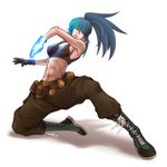  abs bare_shoulders blue_hair boots hair_over_one_eye leona_heidern midriff risdead solo the_king_of_fighters 